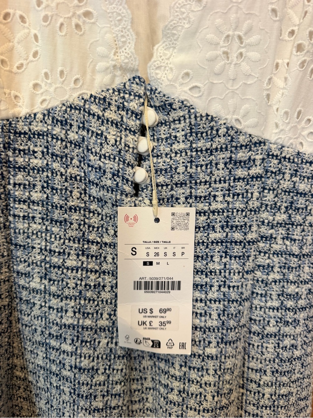H&M Ivory Lace Bodice Blue Tweed Mini Dress - Picture 3 of 3